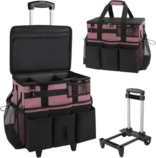 SCAVATA Rolling Cleaning Caddy Bag with Detachable Trolley & Wheels | Large Cleaning Supply Organizer, Portable Multi-Pocket Cleaning Cart for Housekeeper, Adjustable Shoulder Strap, LotusPink by Tidyyourlife