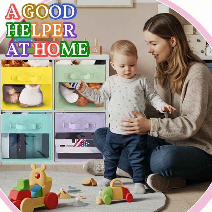 Marsui 12 Pcs Clear Cube Storage Bins Pink Collapsible Kids Storage Bins Fabric Classroom Organizer with Window for Kid Playroom Room Daycare Nursery(Pastel) - Image 4