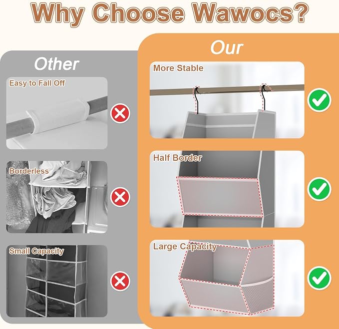 Closet Hanging Organizer with Pockets, 3 Shelf Hanging Clothes Organizers | Kids Closet Organizers and Storage for Clothes Fabric Hanging Storage Bins for Wardrobe Closet Organization and Storage, Grey - Image 4