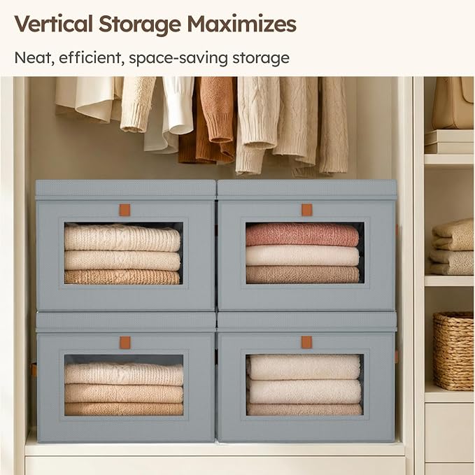 Storage Bins with Lids - Front Opening Storage Box with Clear Window & Handles, Stackable Foldable Fabric Bins for Closet Organization, Clothes, Sweaters, Towels, Blankets, 3 Pack, Grey - Image 5