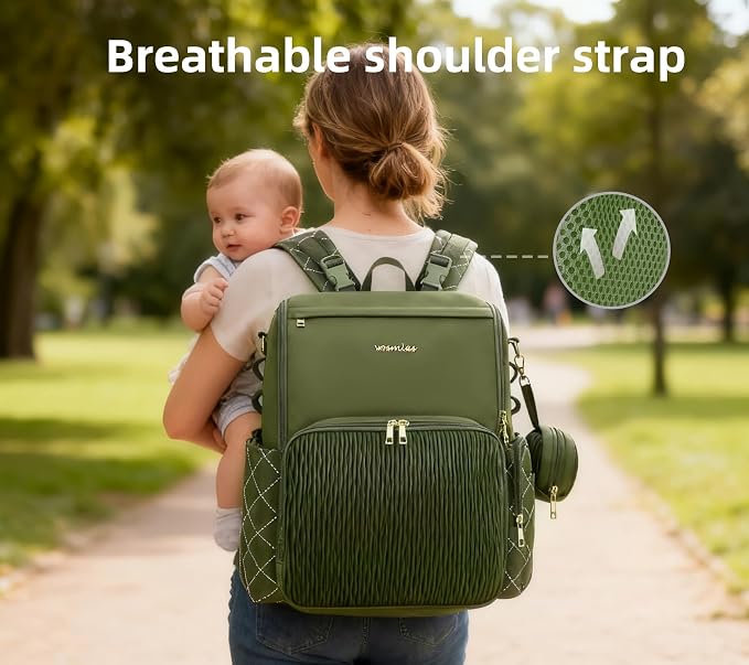 Stylish Baby Diaper Bag, Baby Bag with Changing Pad, Pacifier Case& Stroller Straps, Large Diaper Backpack Boy Girl, Water Resistant Travel Diaper Backpack（Green） - Image 5