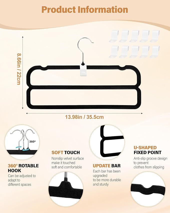 10 Pack Velvet Pants Hangers Space Saving, Non Slip 2-Layer Hanger (Black) | Heavy Duty Flocked Trouser Hangers,pants organizer for closet with Swivel Hook, Felt Jean Hangers for Women and Men - Image 4