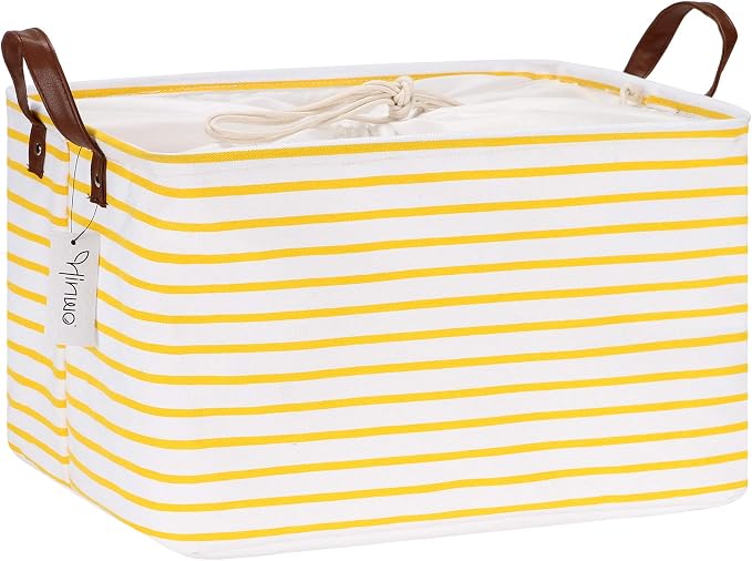 Hinwo 31L Large Canvas Storage Bin with Lid and Handles | Collapsible Fabric Basket, Closet Shelf Organizer, Container for Clothing, Blankets, Toys, Bedding (Yellow Stripe) by Hinwo