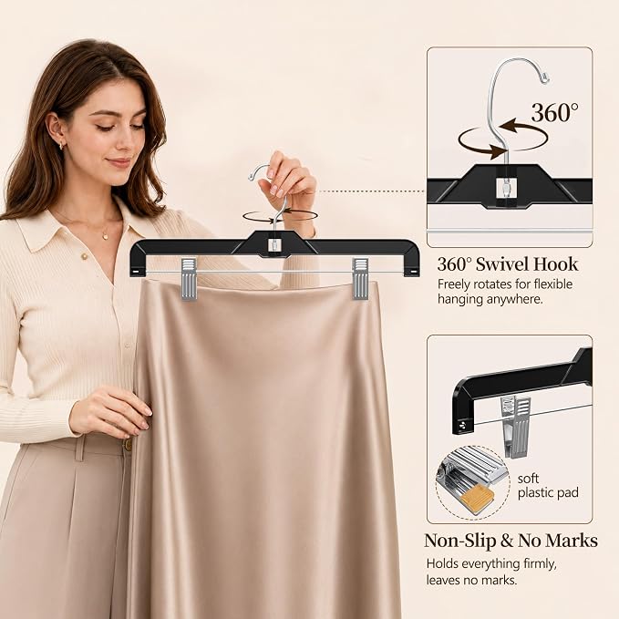14" Black Pants Hangers with Clips 12 Pack, Plastic Skirts Hangers | Slim Space Saving, Adjustable Clips Hangers with 360° Swivel Hook & Non-Slip Pad for Adults and Kids, Pants, Shirt, Jeans - Image 4