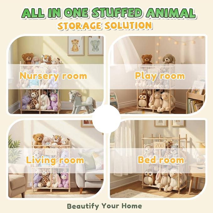 aiwo 30" Extra Wide Large Stuffed Animal Storage Toy Display Organizer | Holds 70+ plushies, Thick wood, 38.4" tall, Anti-tip base, Kid-height access, for room, playroom, bedroom, nursery decor - Image 7