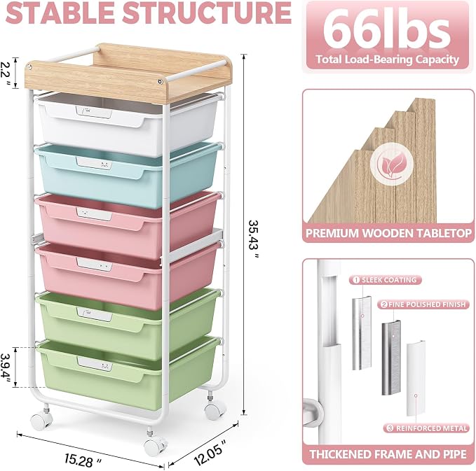 SYKIARIOL Rolling Cart with 6 Drawers,Craft Organizer and Storage,Colorful | Utility Storage Cart with Drawers,Art Cart,Makeup Organizer With Wooden Tabletop - Image 5