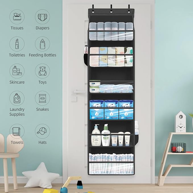 Over Door Organizer with 6 Extra Large Pockets 12 Side Pockets, Sturdy Closet Storage Rack, Hanging Storage Organizer with Clear Window for Shoes, Diaper, Bedroom, Bathroom, Black, 4-Pack - Image 7