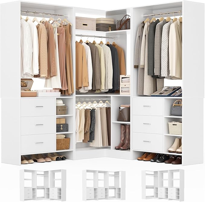 Aheaplus Closet System with 6 Drawers, 4 Hanging Rods & Corner Tower, Corner Closet System with Hanging, 92.6" L-Shaped Walk-In Wardrobe Organizer, 2000+ lbs Capacity, Set of 3, White by Aheaplus