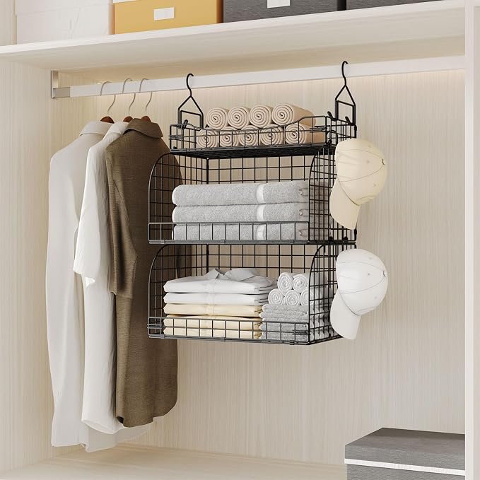 HapiRm Hanging Closet Organizer Storage - 3 Tier Metal Stackable Hanging Closet Shelves with Dividers and S Hooks, Foldable Clothes Shelves for Clothes, Pants, Shoes, Coat, Hats Clutches Accessories - Image 5