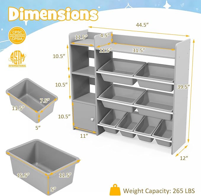 Costzon Kids Toy Storage Organizer, 4-Tier Kids Bookshelf Storage Cabinet w/8 Removable Bins, Preschool Children's Montessori Bookshelf w/Large Cabinet for Playroom, Daycare, Kids Room, Classroom - Image 3