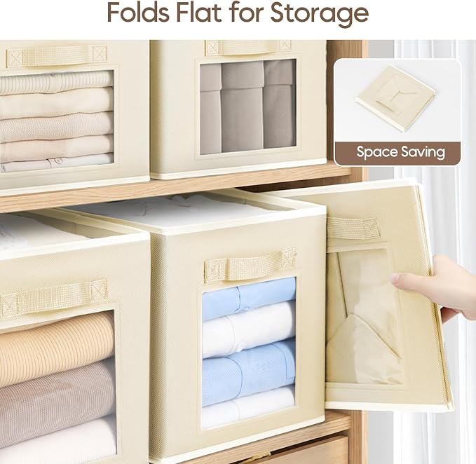 Foldable Storage Cubes - Square Organizer with Window, Decorative Baskets for Organizing, Fabric shelf Basket for Clothes, 11 Inch Closet Storage Cubes, Set of 16, Beige - Image 8