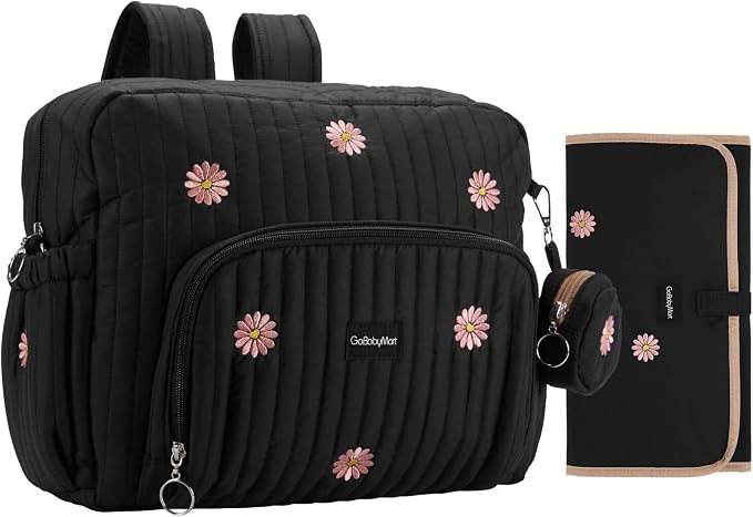 Diaper Bag Backpack with Changing Pad - Travel Baby Bag, Insulated Bottle Pockets, Stroller Straps (Medium - Black Flowers) by GoBabyMart
