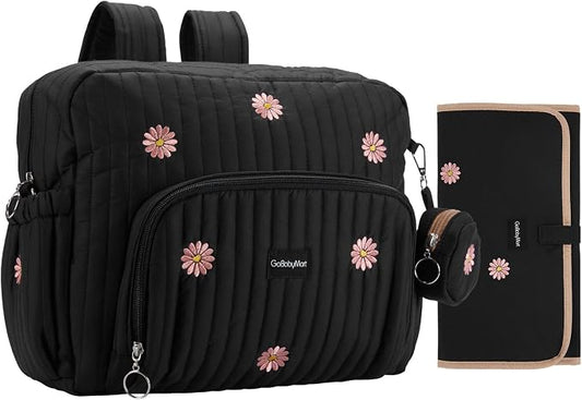 Diaper Bag Backpack with Changing Pad - Travel Baby Bag, Insulated Bottle Pockets, Stroller Straps (Medium - Black Flowers) by GoBabyMart