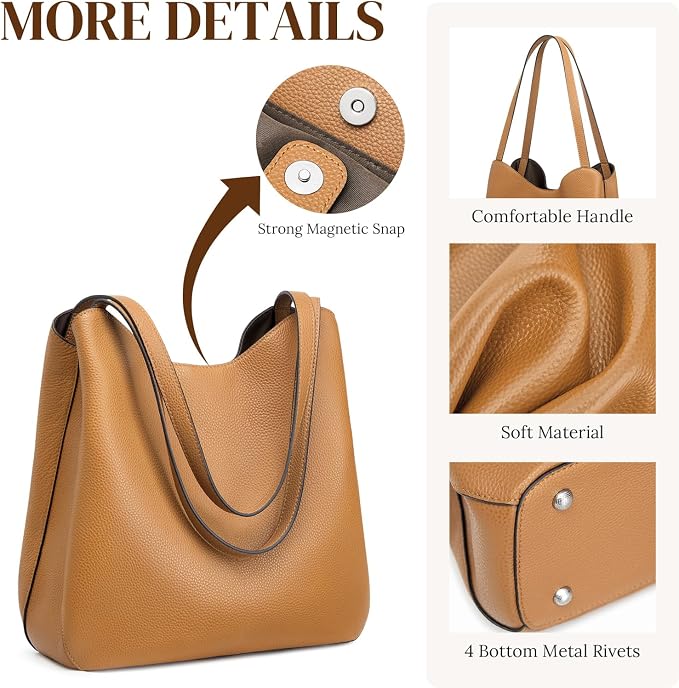 S-ZONE Soft Genuine Leather Tote Bag for Women, Shoulder Handbag Purses | Top Grain Pebbled Cowhide Leather, Fits 9.7" Pad, Multi Compartments, Bottom Metal Rivets, for Work Travel Daily - Image 6