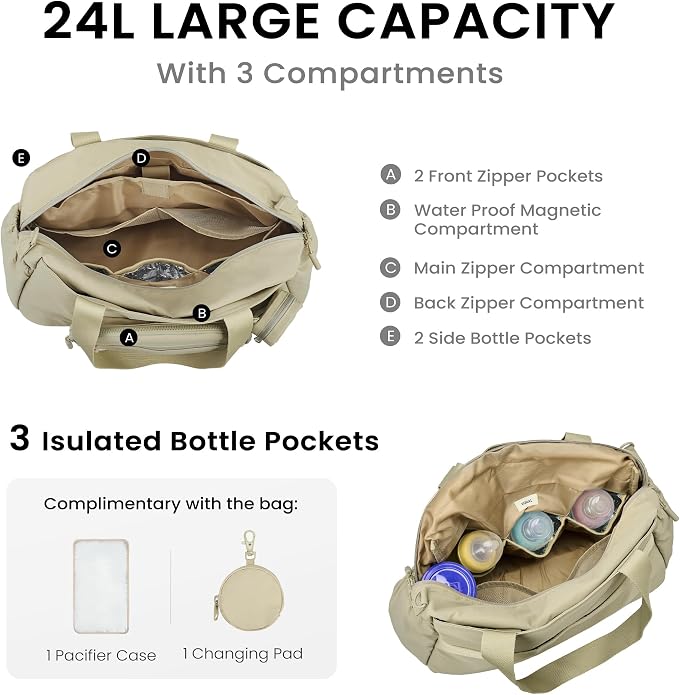 VONAL Diaper Bag Tote, Large 24L Diaper Bags Waterproof Hospital Bag for Labor Delivery, Travel Diaper Tote Baby Bag - Image 3