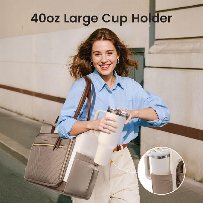 LOVEVOOK 17 Inch Laptop Tote Bag for Women, Diaper Bag for Travel, Teacher Work Bag with Large Cup Holder, Business Travel Ready Teacher Gift Tote for Nurse, Khaki-beige-Coffee - Image 3