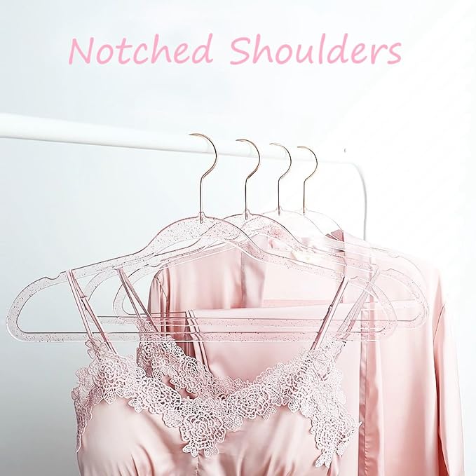 Pink Clothes Hangers 16", 20 Pack Plastic Clear Coat Hanger for Adult Closet, Durable Bling Ganchos de Ropa with Swivel Hook, Notched Shoulders & Ultra-Thin Space Saving Laundry Hanger for Dress Suits - Image 3