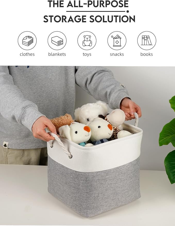 Temary 11 Inch Cube Storage Bins - 6 Pack Foldable Fabric Storage Baskets with Soft Rope Handles, Sturdy Organizer Cubes with Metal Frame for Shelves, Closet, Office & Home Organization (White&Grey) - Image 7