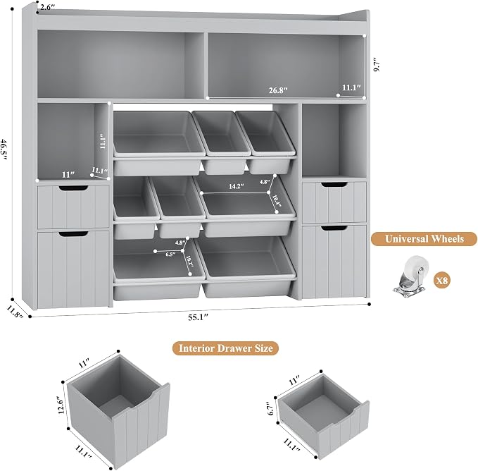 HORSTORS 55" W Toy Storage Organizer, Large Kids Bookshelf, Toy Box, Grey | 8 Plastic Storage Bins / 2 Removable Toy Storage Boxes / Open Shelves, Kids Bookcase with Drawers for Playroom, Kids Room - Image 3