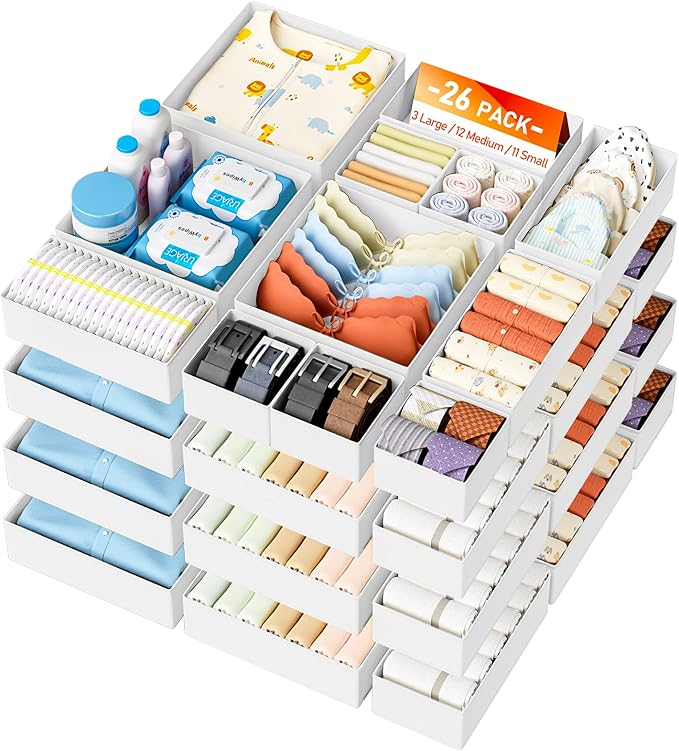 DIMJ Drawer Organizer Clothes 26 Pack - Foldable Baby Organizers and Storage Dresser Organizer for Bedroom, Closet Nursery Organization Dresser Dividers for underwear, Sock, Bra, Belt, Tie by DiMJ