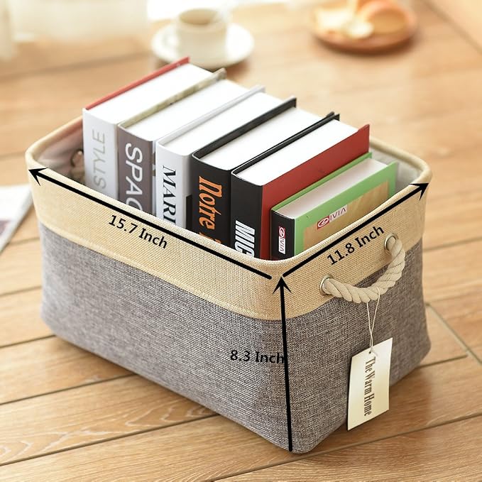 Storage Basket - 15.7L×11.8W×8.3H 1 Pack Large Baskets for Organizing Shelves, Storage Bins for Clothes Book Shelf Home Fabric Storage Cubes (Gold and Grey) - Image 6