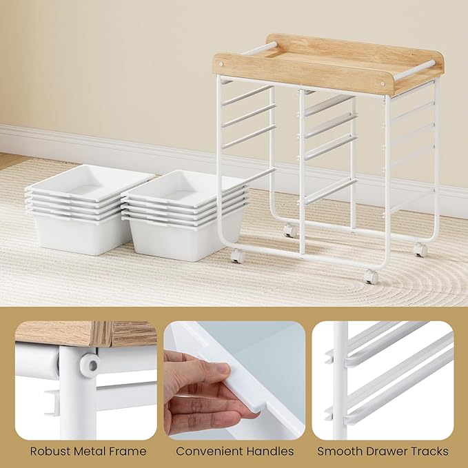 Rolling Storage Cart with 10 Drawers, Plastic Large Capacity Craft Organizer on Wheels with Wooden Top, Mobile Art Supply Utility Cart for Classroom, Home, Office - Image 7