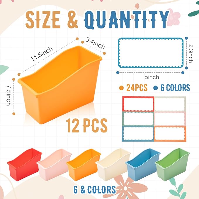 Geetery 12 Pcs Book Bin for Classroom with Labels Stackable Plastic Organizing Bins 11.5 x 5.4 x 7.5 in Book Holders Storage Bins Box Baskets for Classroom Library Home (Macaron Color) - Image 2