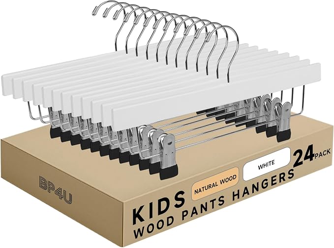 Kids Wooden Pants Hangers for Toddler & Baby Clothes, White, 24-Pack | Solid Wood Skirts Hangers with Adjustable Anti-Wrinkle Clips for Children's Trousers, Slacks, Jeans, 12" by BP4U%E2%84%A2