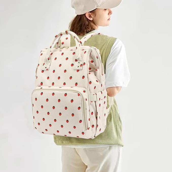 Corduroy Diaper Bag Backpack for Baby Girls Boys, Women Large Nappy Bags for Mom (Beige Corduroy Strawberry) - Image 2