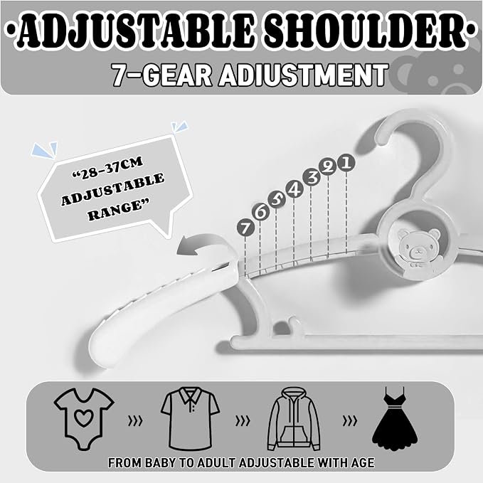 Baby Clothes Hangers 50 Pack, Plastic Kids Hangers Space Saving for Closet | Grey Hanger for Toddler Girl and Boy - Lightweight Anti-Slip Cascading Padded Extendable Adjustable Pant Bear Children Hangar - Image 2
