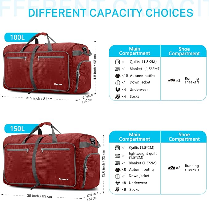 Gonex 100L Foldable Travel Duffle Bag with Shoe Compartment, Lightweight | 210D Nylon, Water-Repellent, Folds Compact, Multiple Pockets, Luggage Sleeve,Family Travel & Camping, Red - Image 3