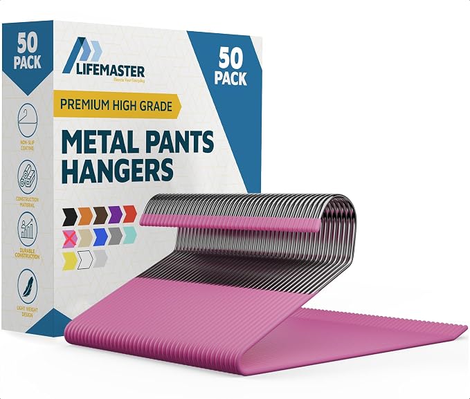 Lifemaster Metal Pants Hanger Set - 50 Pieces Elegant Non-Slip Closet Space Saving Hanger Set for Pants, Trouser, Blankets, and Jeans with Open Ended Sleek Design - Pink by LIFEMASTER
