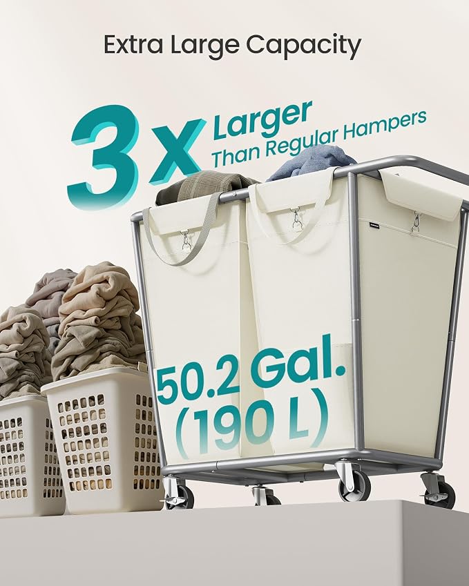 SONGMICS Laundry Basket with Wheels, 2-Section Laundry Sorter, 50.2 Gallons (190 L) Rolling Hamper with Removable Bags, Heavy-Duty Steel Frame, Cream White URLS009W01 - Image 3