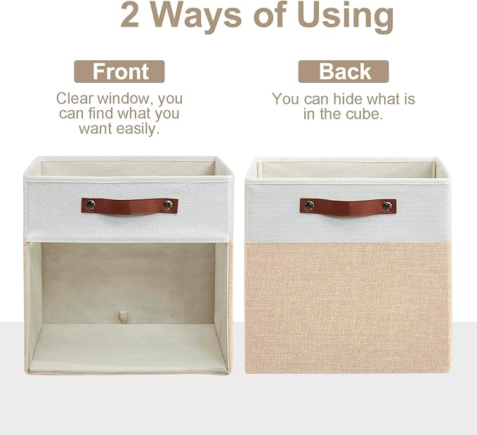 Storage Cubes, 4 Pack Linen Foldable Storage Bins (13 x 13 inch) with Clear Window and Handles, Fabric Organizer for Shelf Closet, Clothes, Books - (Beige and White) - Image 5
