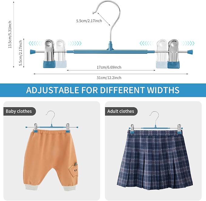 12 Inch Heavy Duty Pants Skirt Hangers with Clips, Blue, 20 Pack | Metal,Space Saving,Adjustable,Hanger for Jeans Shorts Clothes Slacks Trousers,For Adult,Men,Women,Children,Non Slip - Image 3