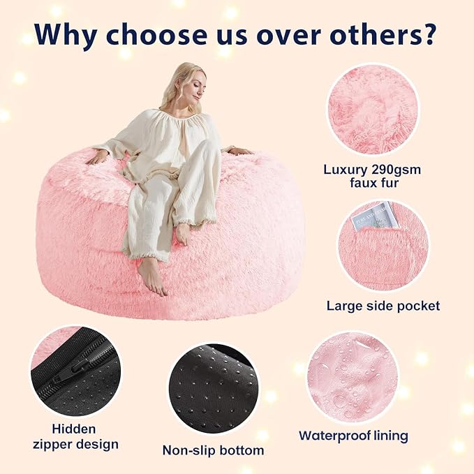 Fluffy Bean Bag for Stuffed Animals Storage, Faux Fur Washable Bean Bag Chair Cover(No Filler) for Textile Plush Toys, Beanbag Chair Cover for Adults Kids Teens, 5FT, Pink - Image 5
