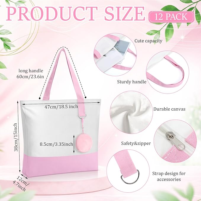 Sanwuta Canvas Tote Bags Bulk with Zipper and Plush Coin Purses 18.5" Reusable Cotton Shopping Bags with Handle for DIY Craft - Image 3
