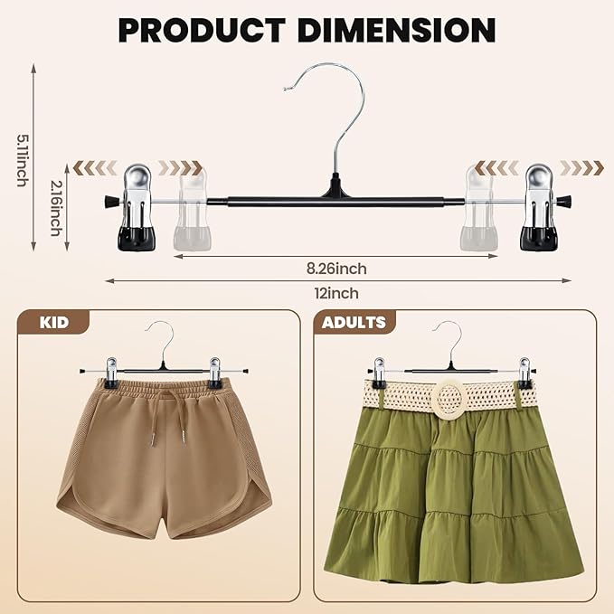 HUADYMEET 12 Inch Heavy Duty Pants Skirt Hangers with Clips,Black,50 Pack | Metal,Space Saving,Adjustable,Hanger for Jeans Shorts Clothes Slacks Trousers,For Adult Men Women Children, Non Slip - Image 2
