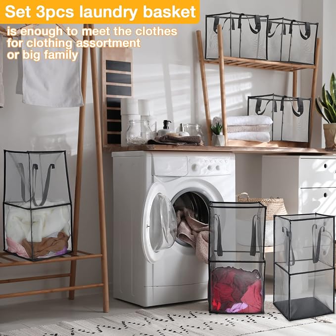 Zopeal 3 Pack Collapsible Mesh Laundry Basket, Black, Double-layer | 13 Inch Square with Handles, Portable Foldable Hamper, Mesh See-through, Space Saving for Dorm Bedroom Laundry Room - Image 3