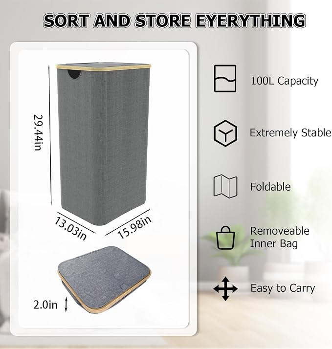 Laundry Basket with lid, Collapsible Laundry Hamper with Bamboo Handle, Dirty Clothes Hampers with Removable Laundry Bag for Clothes Toys Towels (Grey, 100L 2 Pack) - Image 3