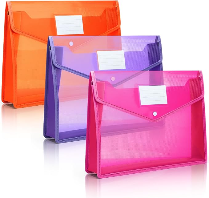Epakh 3 Pack Plastic Expanding File Folders Expandable File Folder with Snap Closure for Document Transparent Waterproof Document Organizer Holder for School Office Home (Pink Purple Orange) by Epakh
