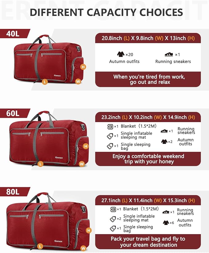 Gonex 150L Foldable Travel Duffle Bag with Shoe Compartment, Lightweight | 210D Nylon, Water-Repellent, Folds Compact, Multiple Pockets, Luggage Sleeve, Family Travel & Camping, Red - Image 5