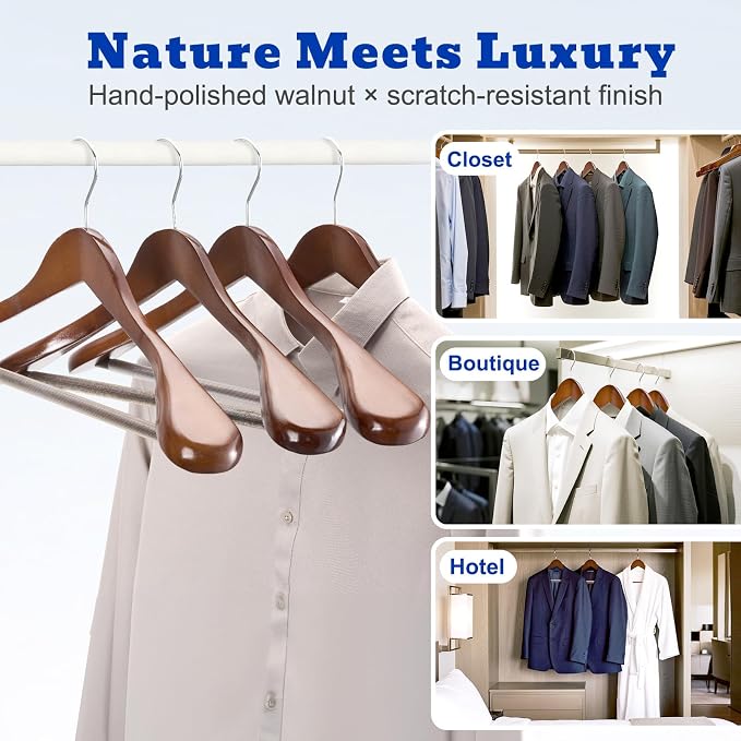 HOUSE DAY Wide Shoulder Wooden Hangers, Suit Hangers with Non Slip Pants Bar, Smooth Finish 360° Swivel Hook Solid Wood Coat Hangers for Dress, Jacket, Pants, Heavy Clothes Hangers 6 Pack (Walnut) - Image 7