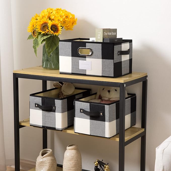 Large Collapsible Storage Baskets for Closet [3-pack] Decorative Fabric Storage Bins Cubes with Leather/Metal Handles for Shelves Bedroom Living Room Black and White Grid (14.9x9.8x8.3 Inch) - Image 2