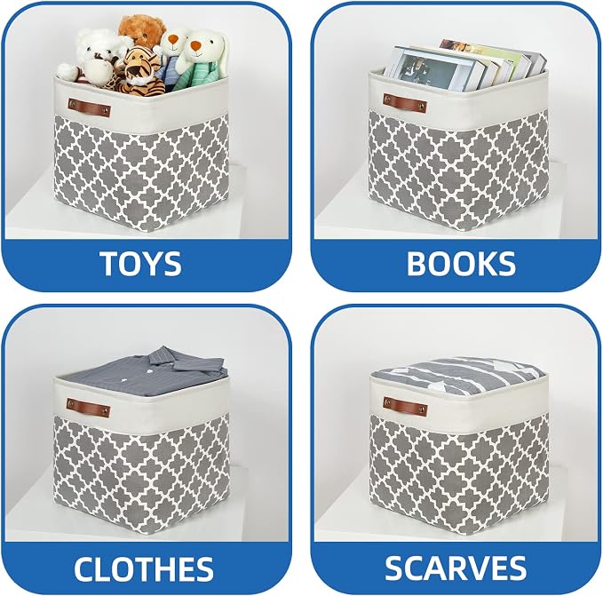Temary 13ﾗ13ﾗ13 Foldable Storage Cube Baskets Fabric Cube Storage Basket for Organizing Cloth Storage Bins with Leather Handles for Gifts Empty, Closet (Grey Lattice) - Image 4