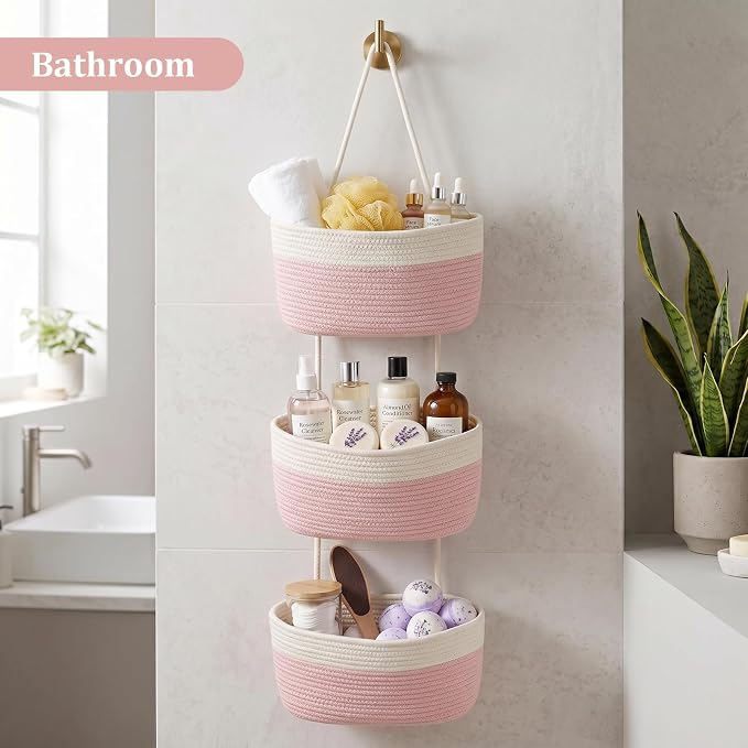 TeoKJ Over the Door Hanging Basket, 3-Tier Woven Cotton Wall-Mounted Storage Organizer Bag Decorative Hanging Nursery Baskets, Pink & White - Image 8