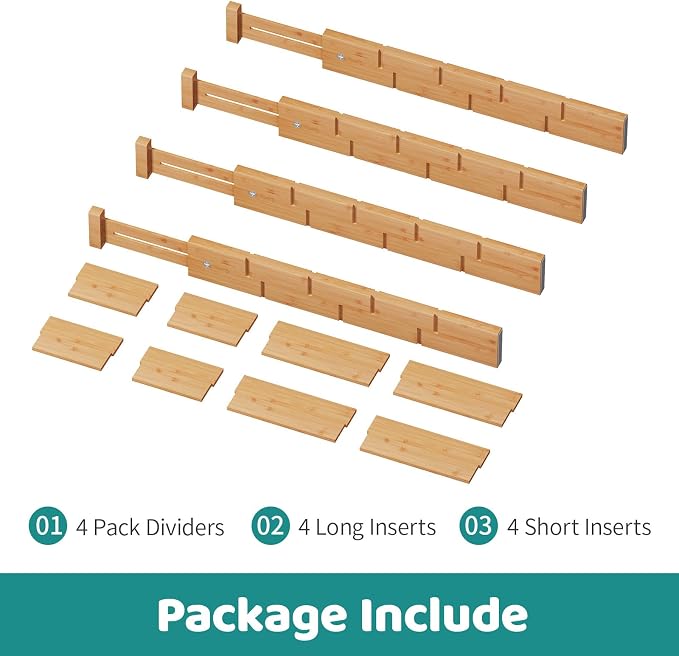 Bamboo Drawer Dividers with Inserts, Kitchen Adjustable Drawer Organizers, Expandable Organization for Home, Dressers, 4 Dividers with 8 Inserts - Image 6