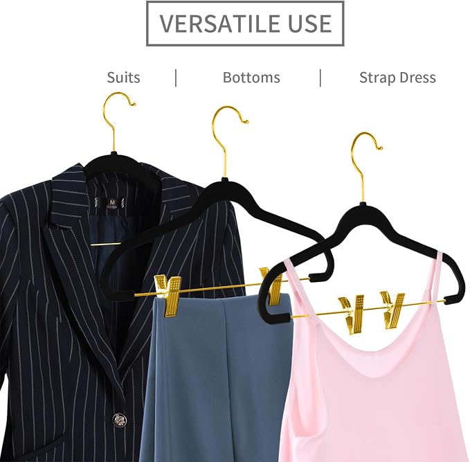 MIZGI Premium Velvet Pants Hangers with Adjustable Clips (Pack of 30) Slim Skirt Hangers- Non Slip Felt Outfit Dress Hangers Black - Gold Hooks,Space Saving Shirt Clothes Hangers - Image 4