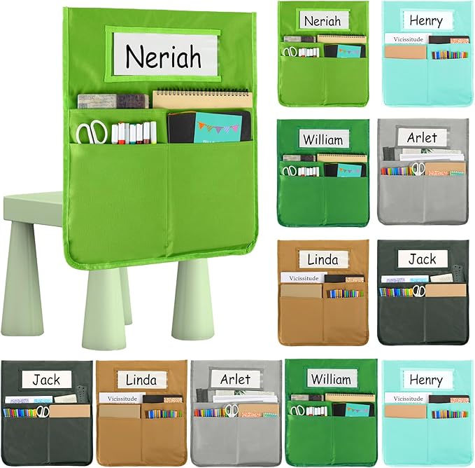 gisgfim 12 Pcs Chair Pockets for Classroom 16.7 x 19.3 Inch s with Name Tag Chairback 3 Pockets Chairs Seat Back Organizer for Elementary School Daycare Home Supply (Greenery) by gisgfim