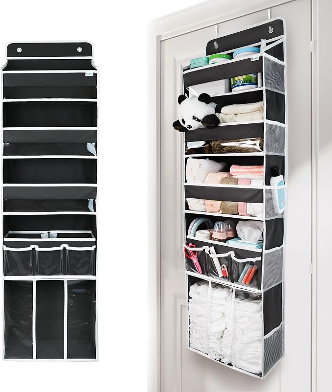Door Hanging Storage Organizer,with 3 Bins 1 Movable Baby Diaper Caddy,1 Large capacity diaper stacking storage Organizer,10 Side Pockets ,Bedroom Door Storage for Nursery Baby Essentials. (Dark grey) - Image 3